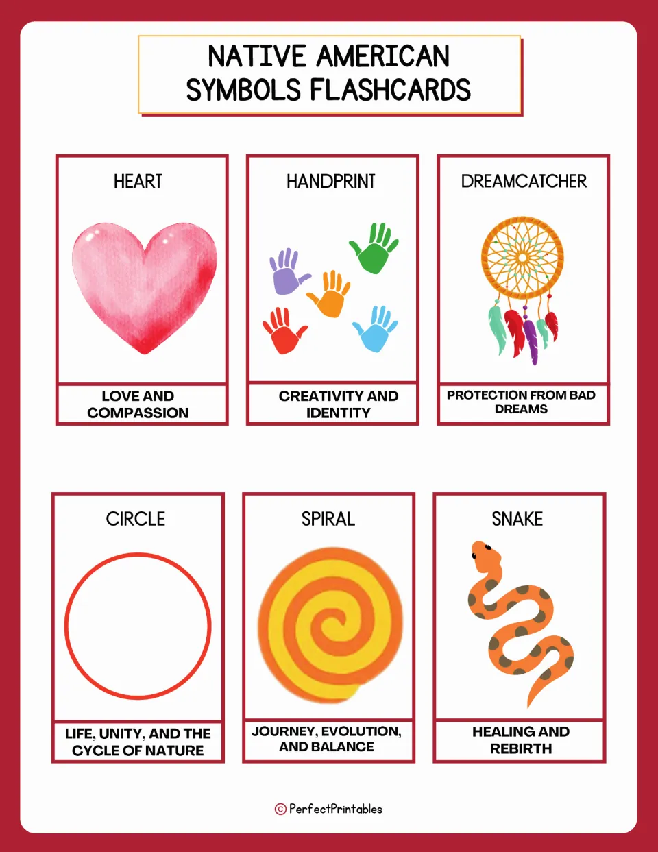 Symbol flashcards 19–24: heart, handprint, dreamcatcher, circle, spiral, and snake, with pictures and meanings