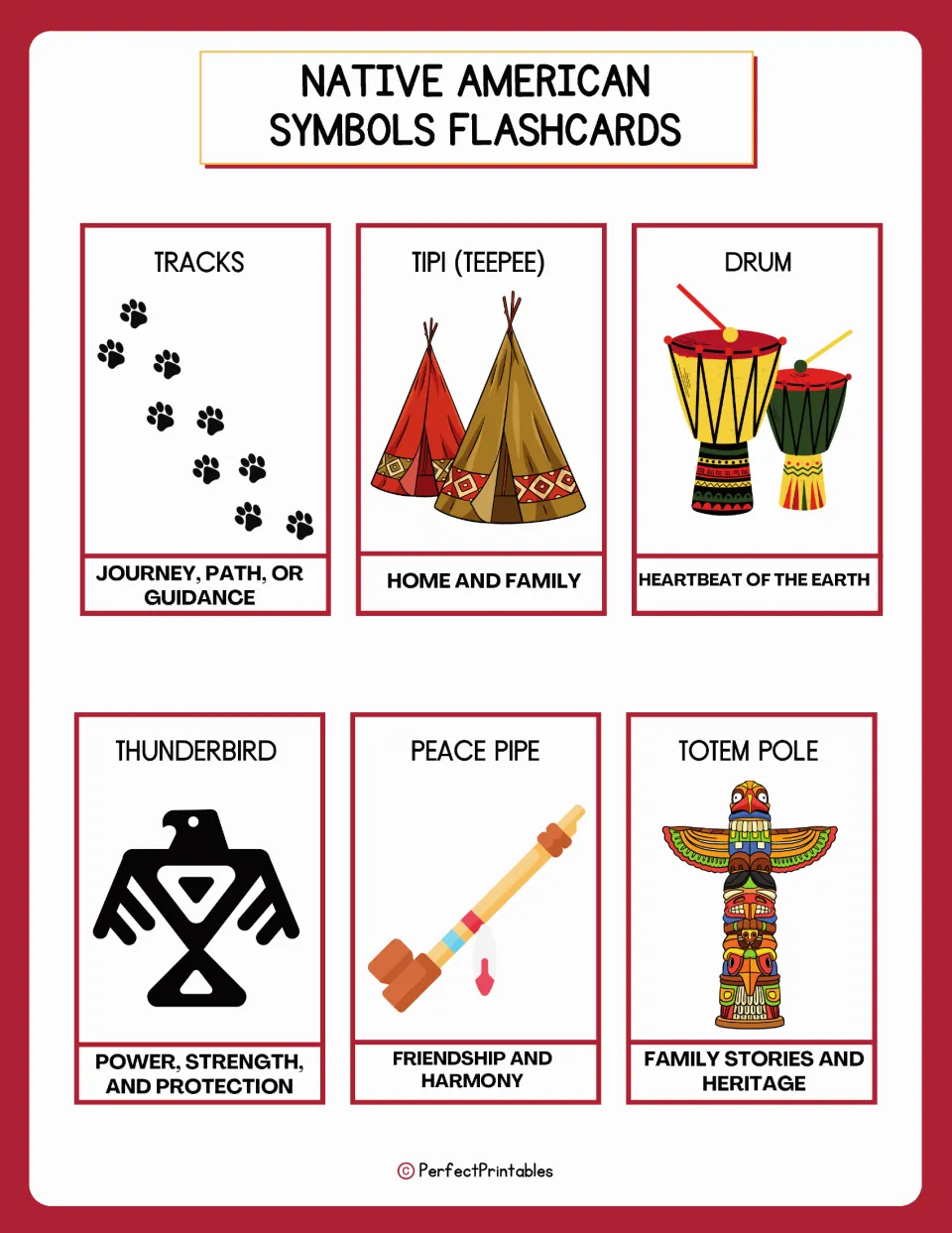 Symbol flashcards 25–30: tracks, tipi, drum, thunderbird, peace pipe, and totem pole, with stated meanings