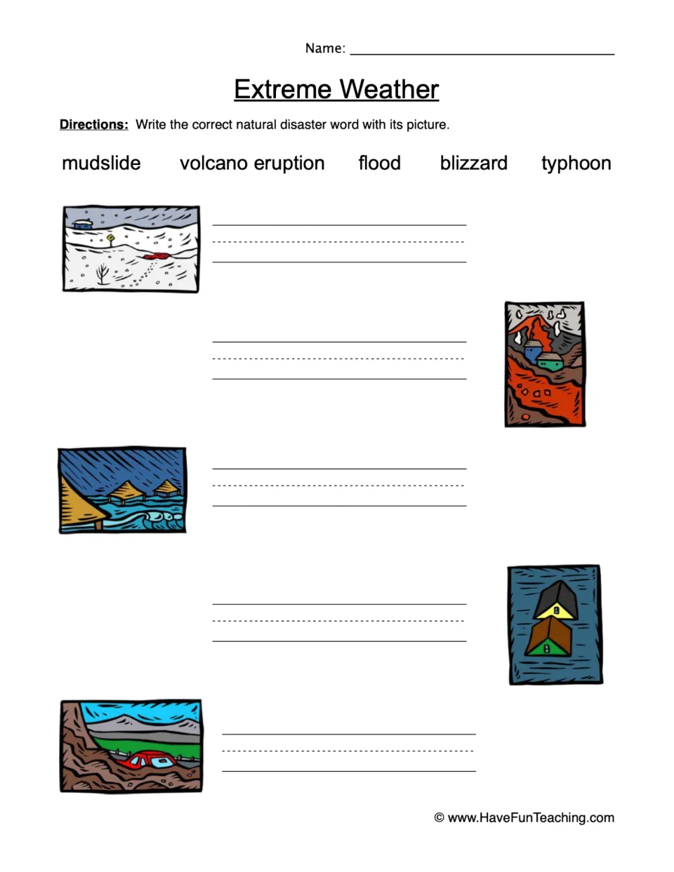 Natural disaster matching worksheet: mudslide, volcano eruption, flood, blizzard, and typhoon pictures.