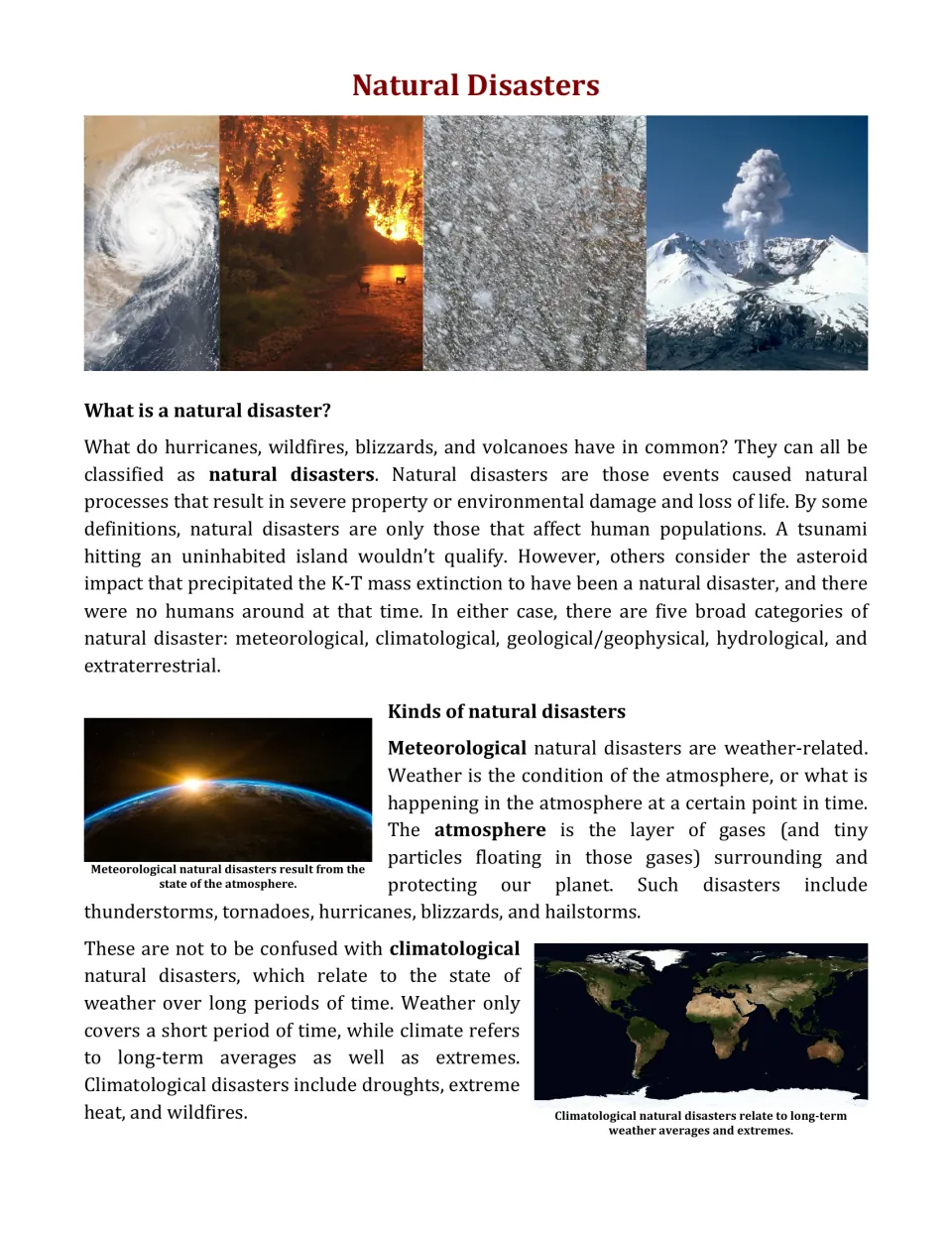 Natural disasters article opener: students read what defines a natural disaster and its five categories, with photos
