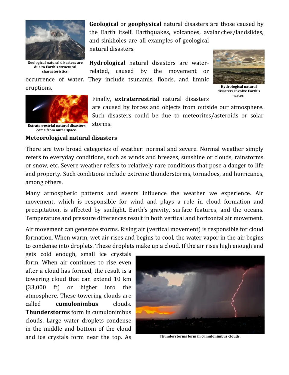 Reading on geological, hydrological and extraterrestrial disasters, then how rising air builds cumulonimbus clouds