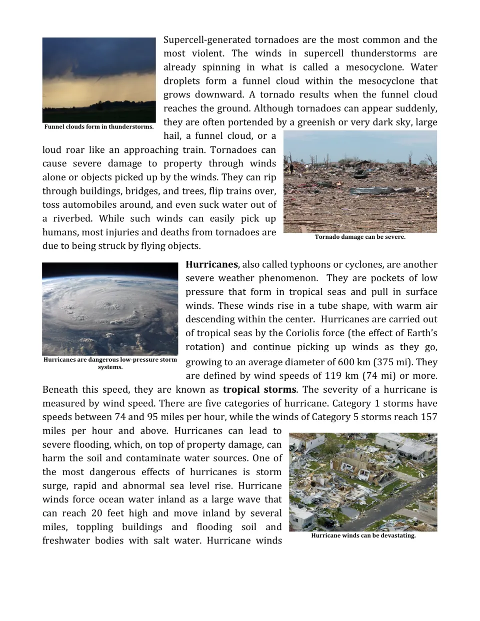 Supercell tornadoes and hurricanes: passage on funnel clouds, the five hurricane categories and storm surge damage