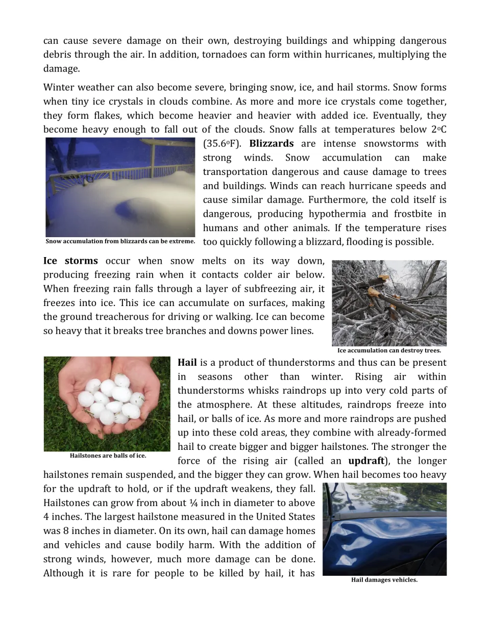 Winter weather hazards: reading on blizzards, ice storms and how updrafts grow hailstones, with photos of hail damage
