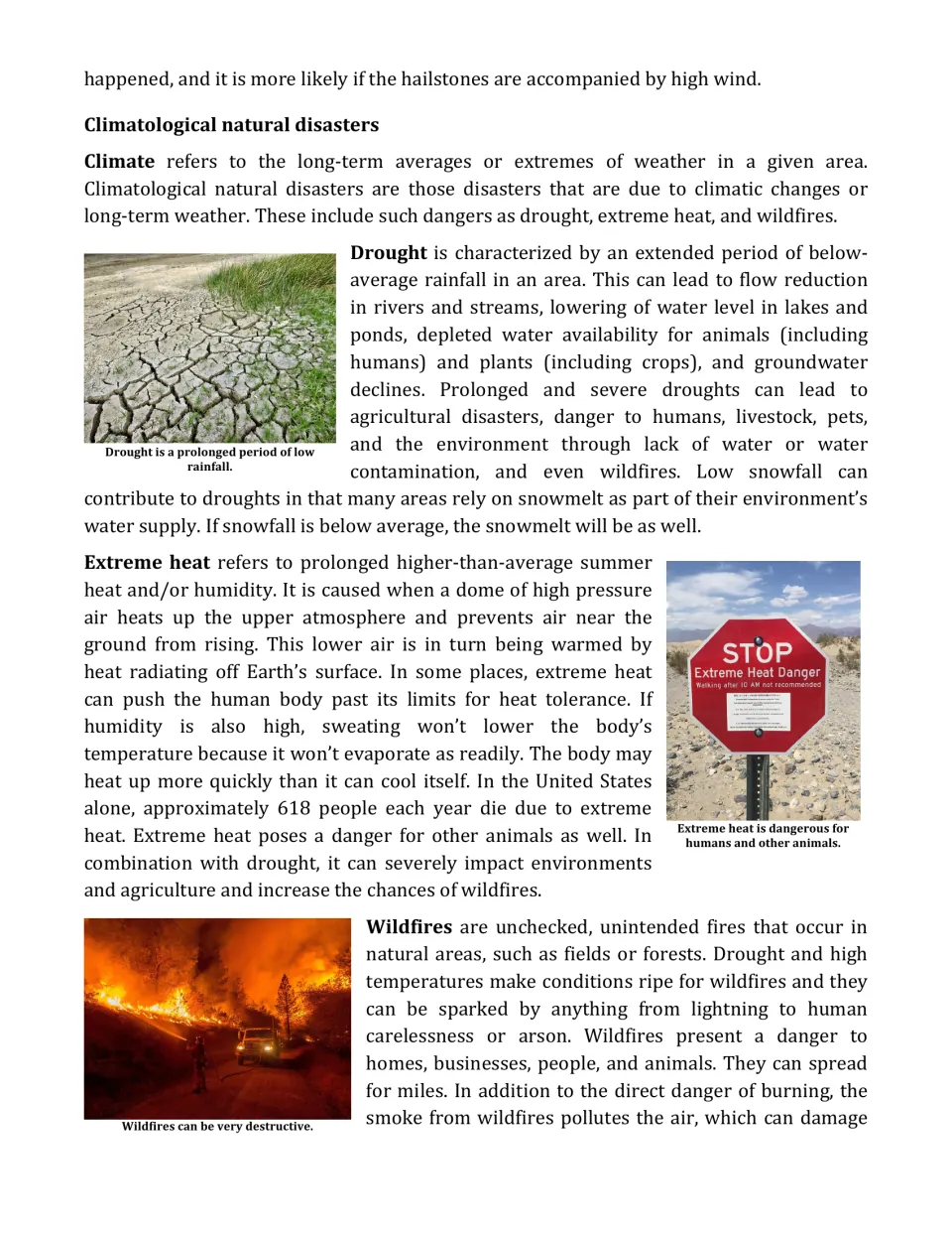 Climatological disasters section: passage explains drought, extreme heat and wildfires and what causes each one