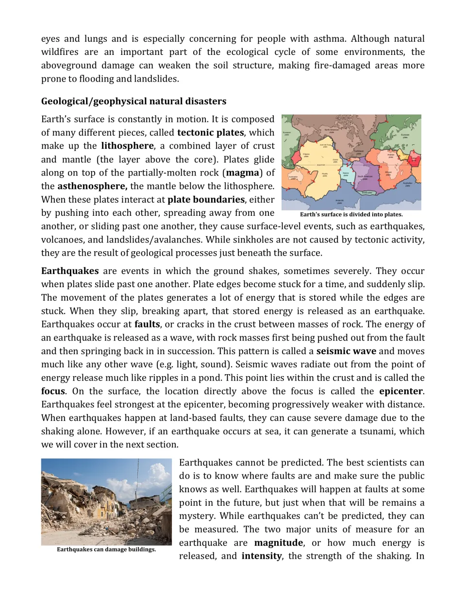 Geological disasters: reading on tectonic plates, faults, seismic waves, focus and epicenter, with a plate map