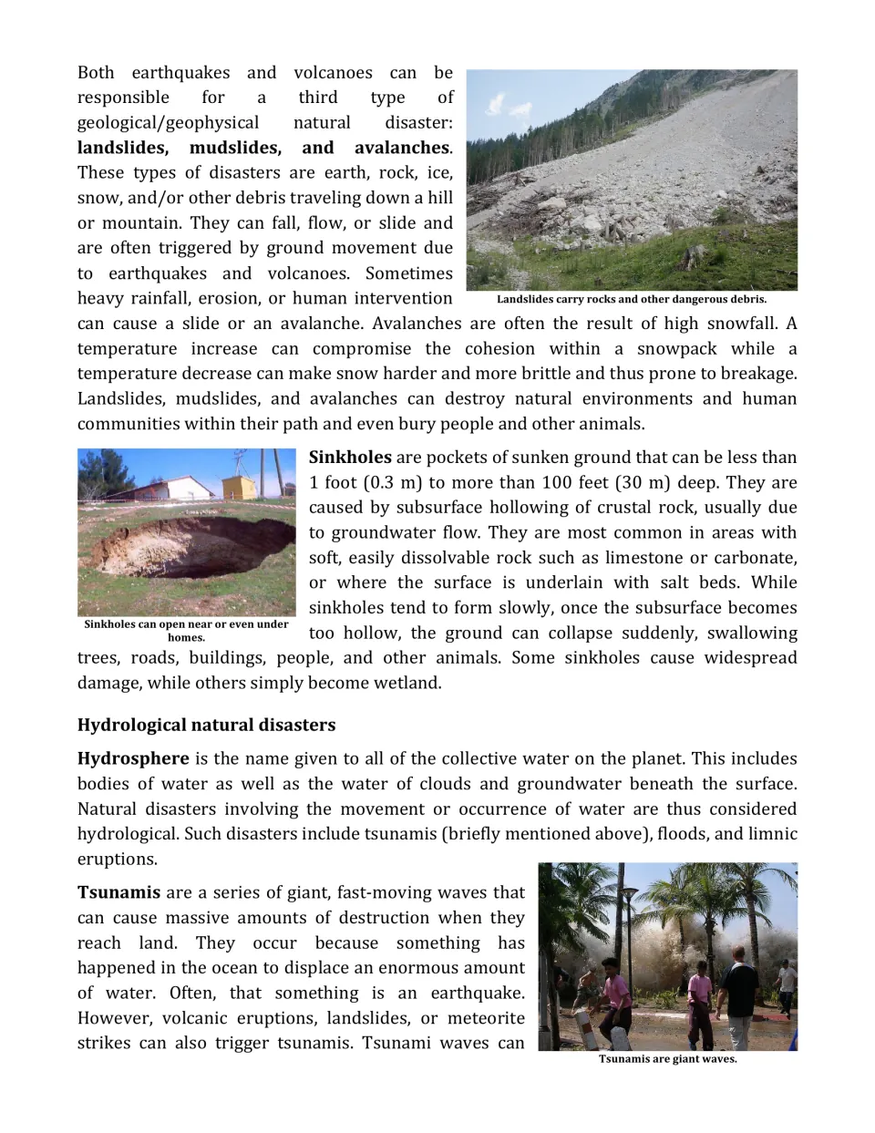 Landslides, avalanches, sinkholes and tsunamis: reading moves from geological to hydrological disasters