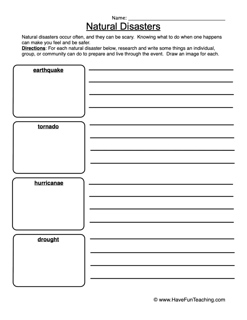 Natural disaster safety: students research how to prepare for an earthquake, tornado, hurricane and drought, then draw each