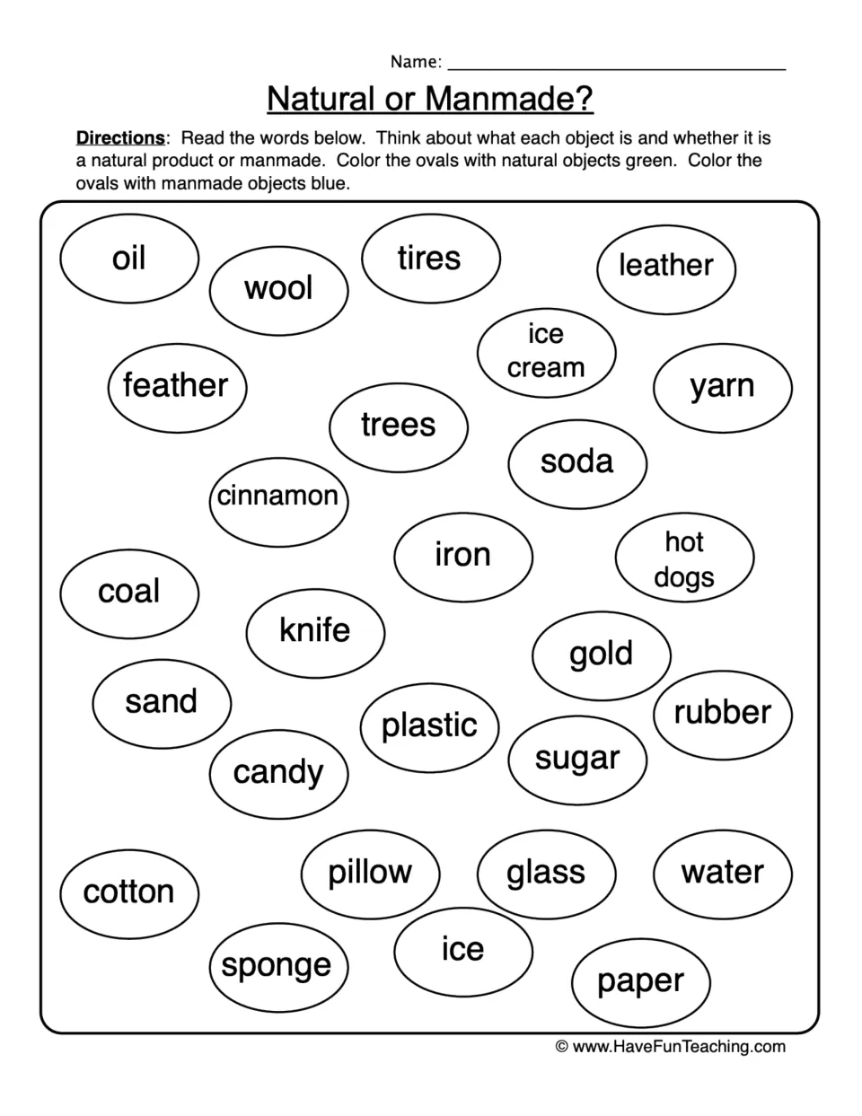 Natural and man-made sorting worksheet: color 27 items, including oil, tires, wool, and leather, green or blue.