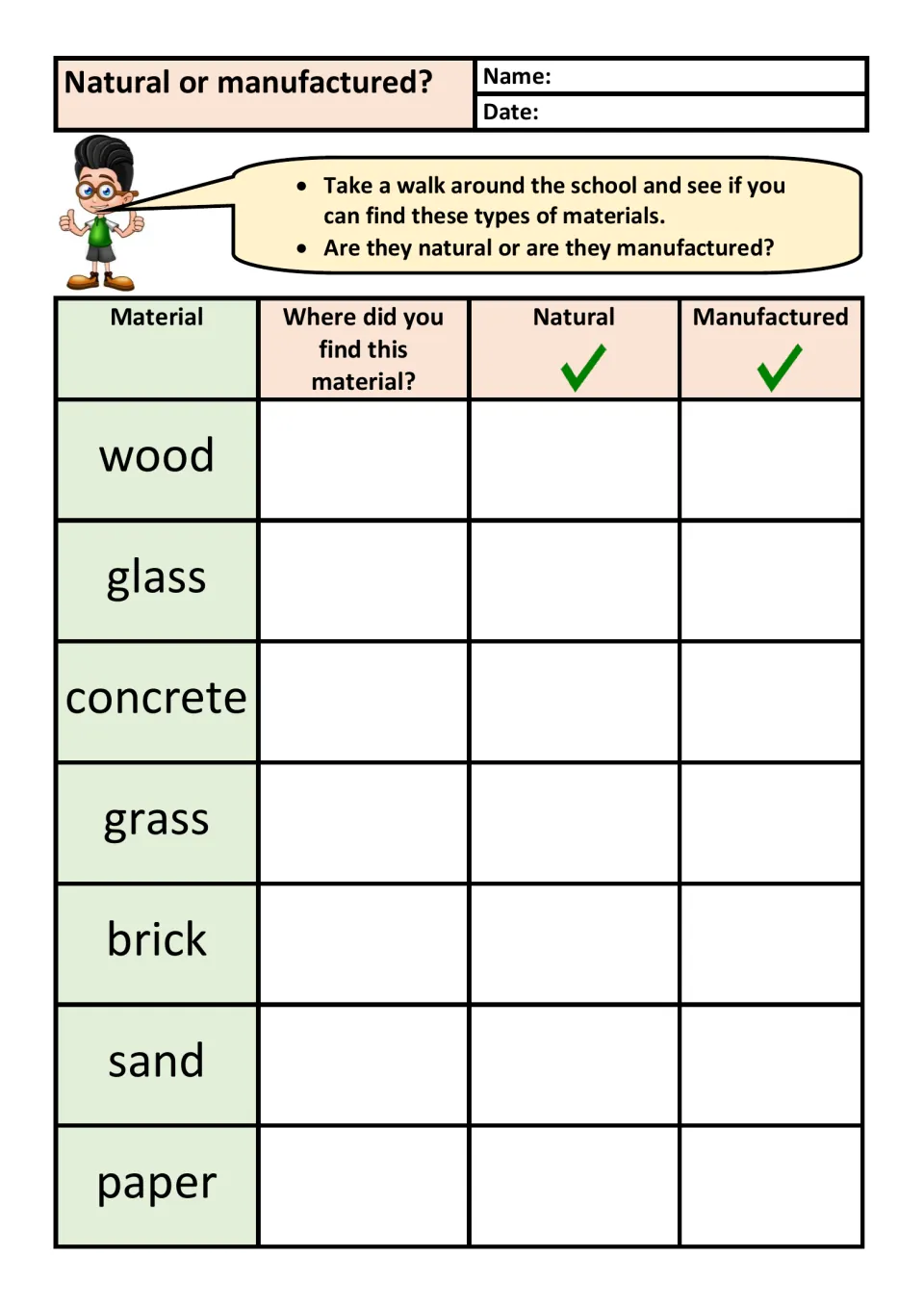 Natural or manufactured: students find wood, glass, concrete, grass, brick, sand and paper around school and classify each