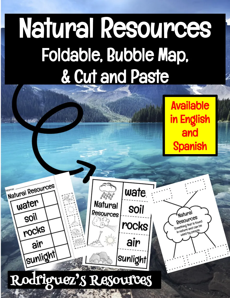 Natural resources cover: foldable, bubble map and cut-and-paste sheet previews over a lake photo; English and Spanish