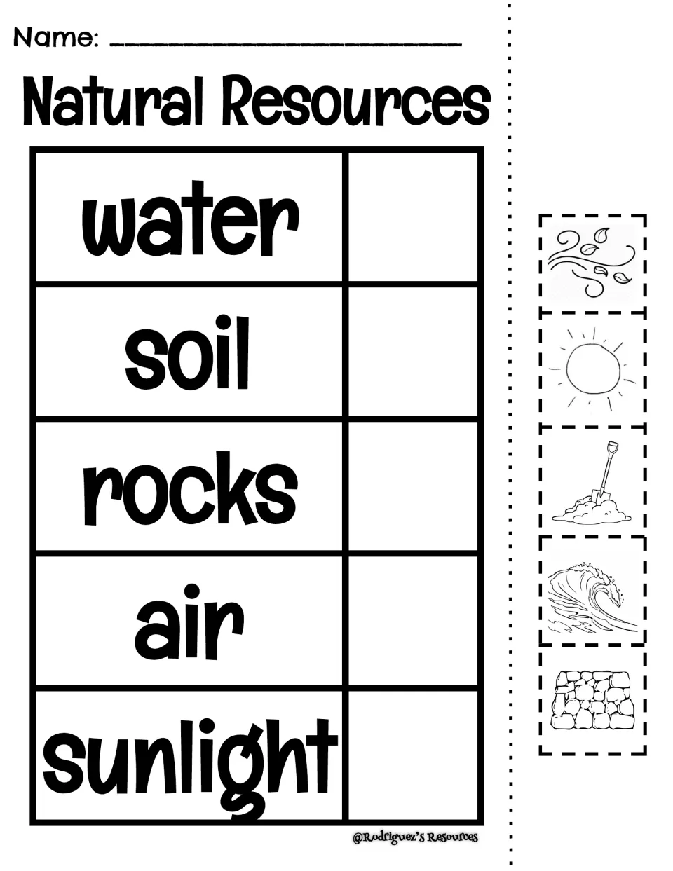 Natural resources cut and paste: students cut out wind, sun, soil, wave and rock pictures and glue each next to its word