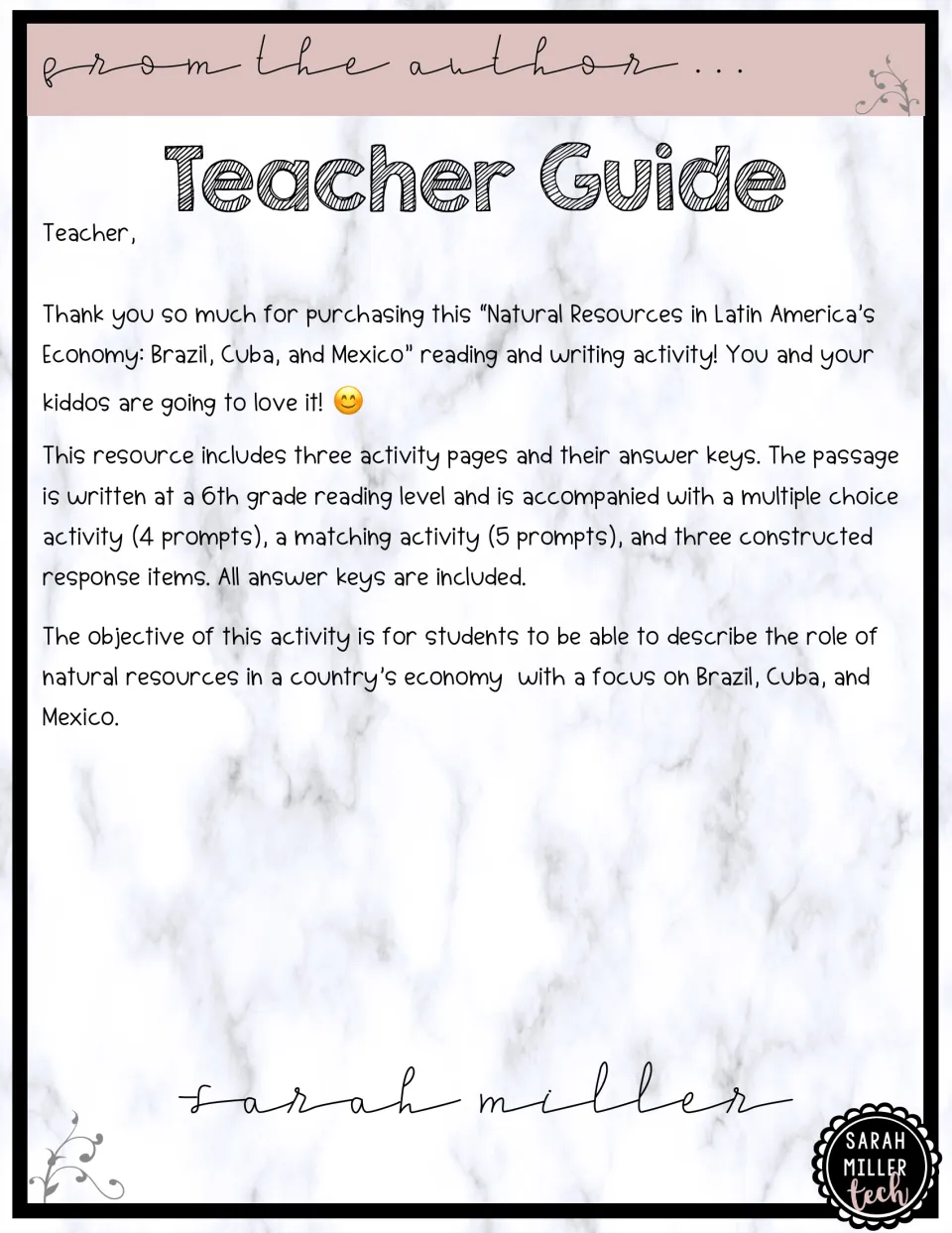 Teacher guide outlining the reading level, question types, and focus on resources in Brazil, Cuba, and Mexico