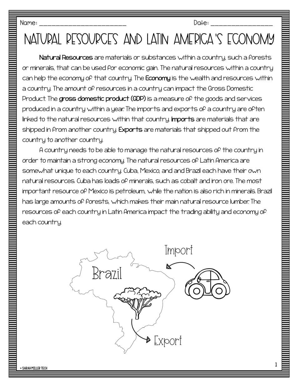 Reading passage defining natural resources, GDP, imports, and exports, with examples from Brazil, Cuba, and Mexico
