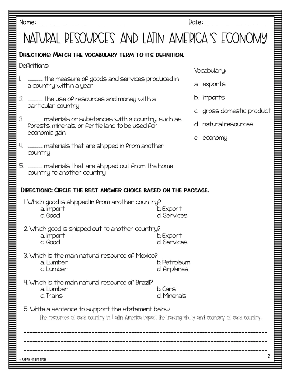 Economics practice: five vocabulary matches, four multiple-choice questions, and a sentence about resources and trade