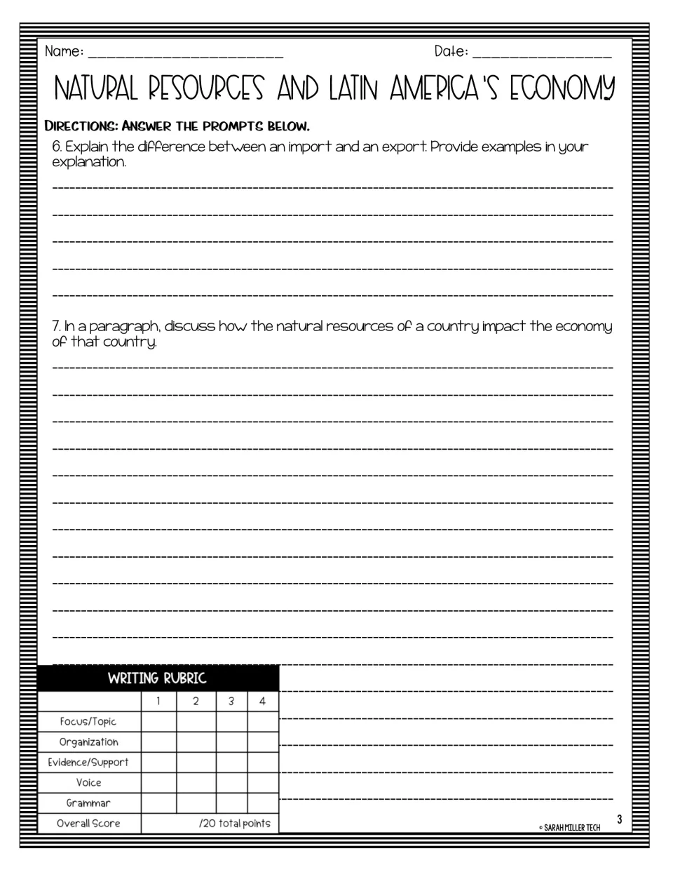 Writing practice comparing imports and exports and explaining how resources affect an economy, with a scoring rubric