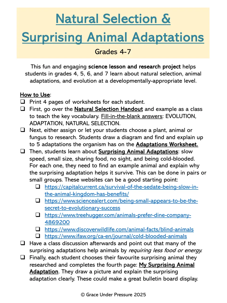 Natural Selection & Surprising Animal Adaptations, Grades 4-7: how-to-use steps, blank answers and research website links
