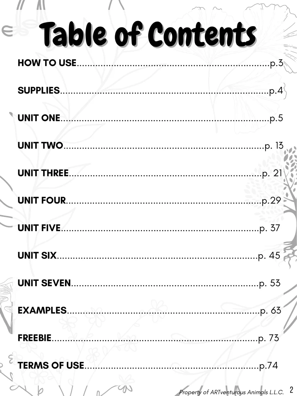 Table of contents listing how to use, supplies, units one through seven, examples, a freebie and terms of use with pages