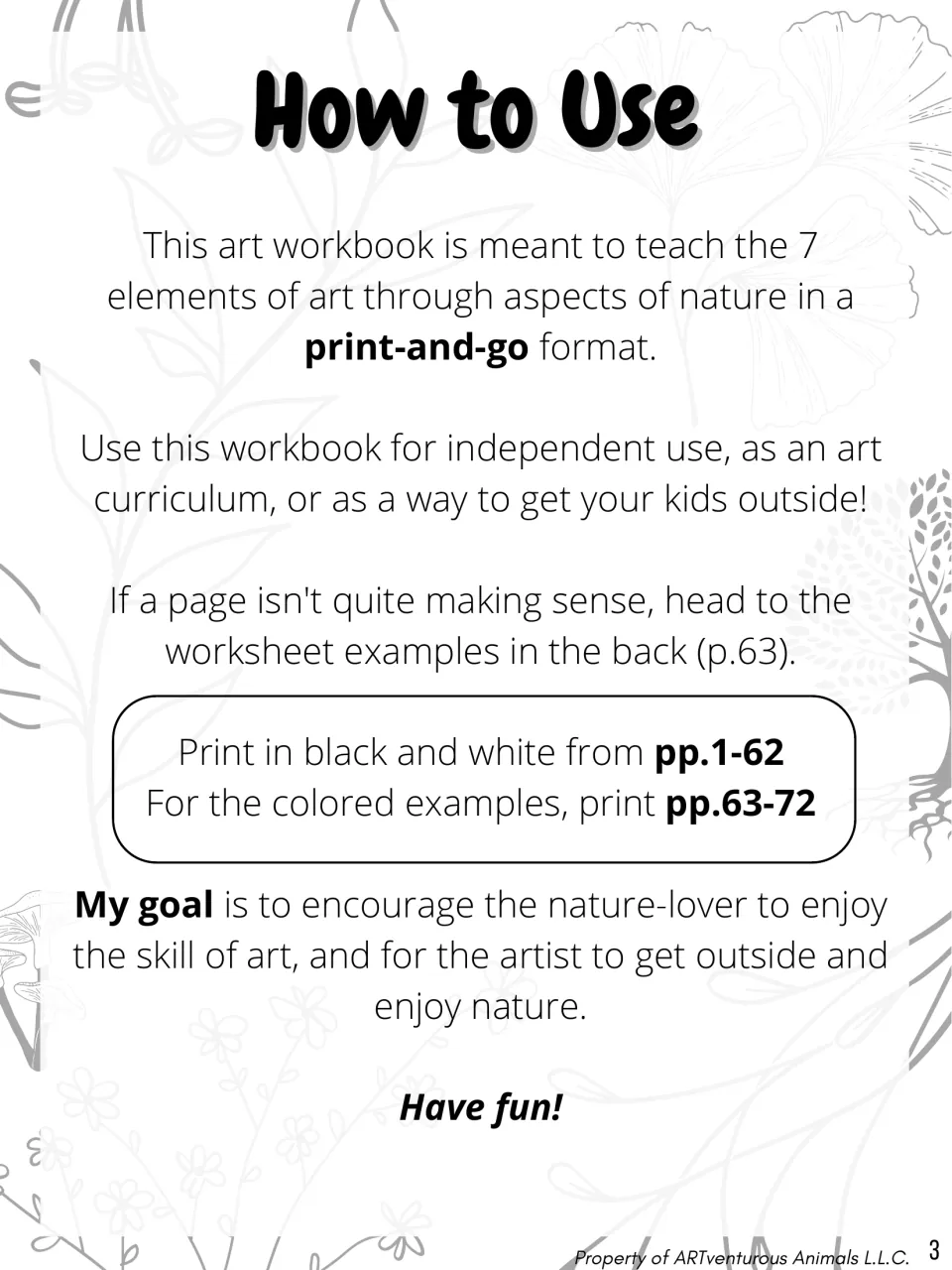 How to Use: teaching the 7 elements of art through nature, with print notes for black-and-white pages and colored examples