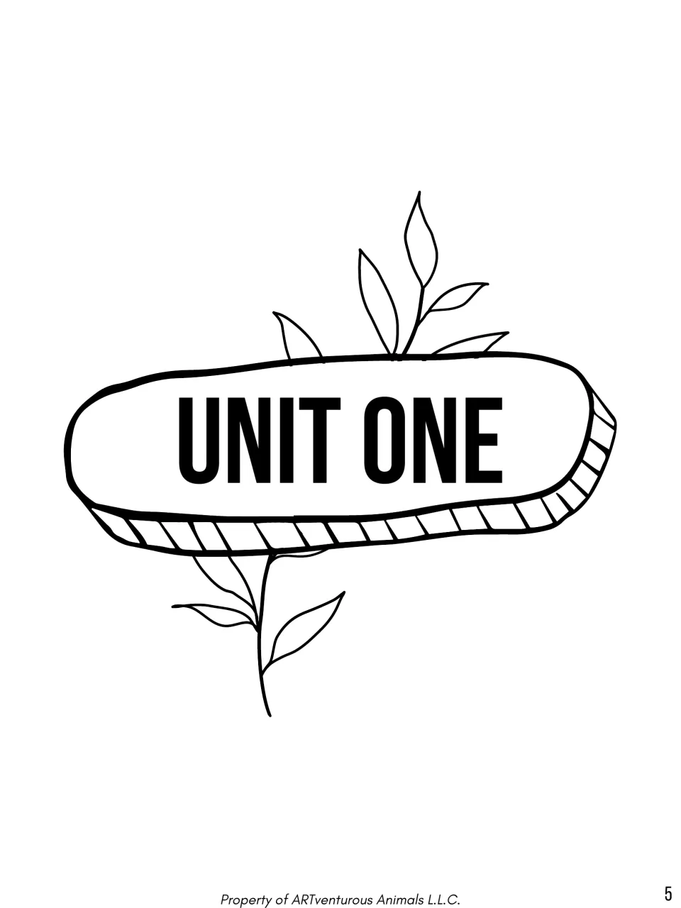 Unit One divider page: the unit title in hand-drawn lettering with a leafy stem drawing growing through it