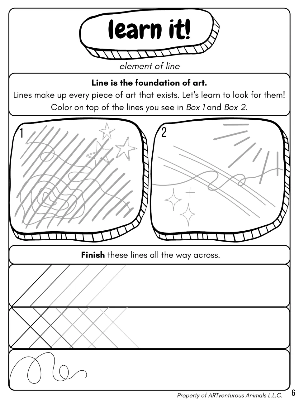 Learn it! element of line: students color over the lines in two drawings, then extend diagonal, crossed and loopy lines