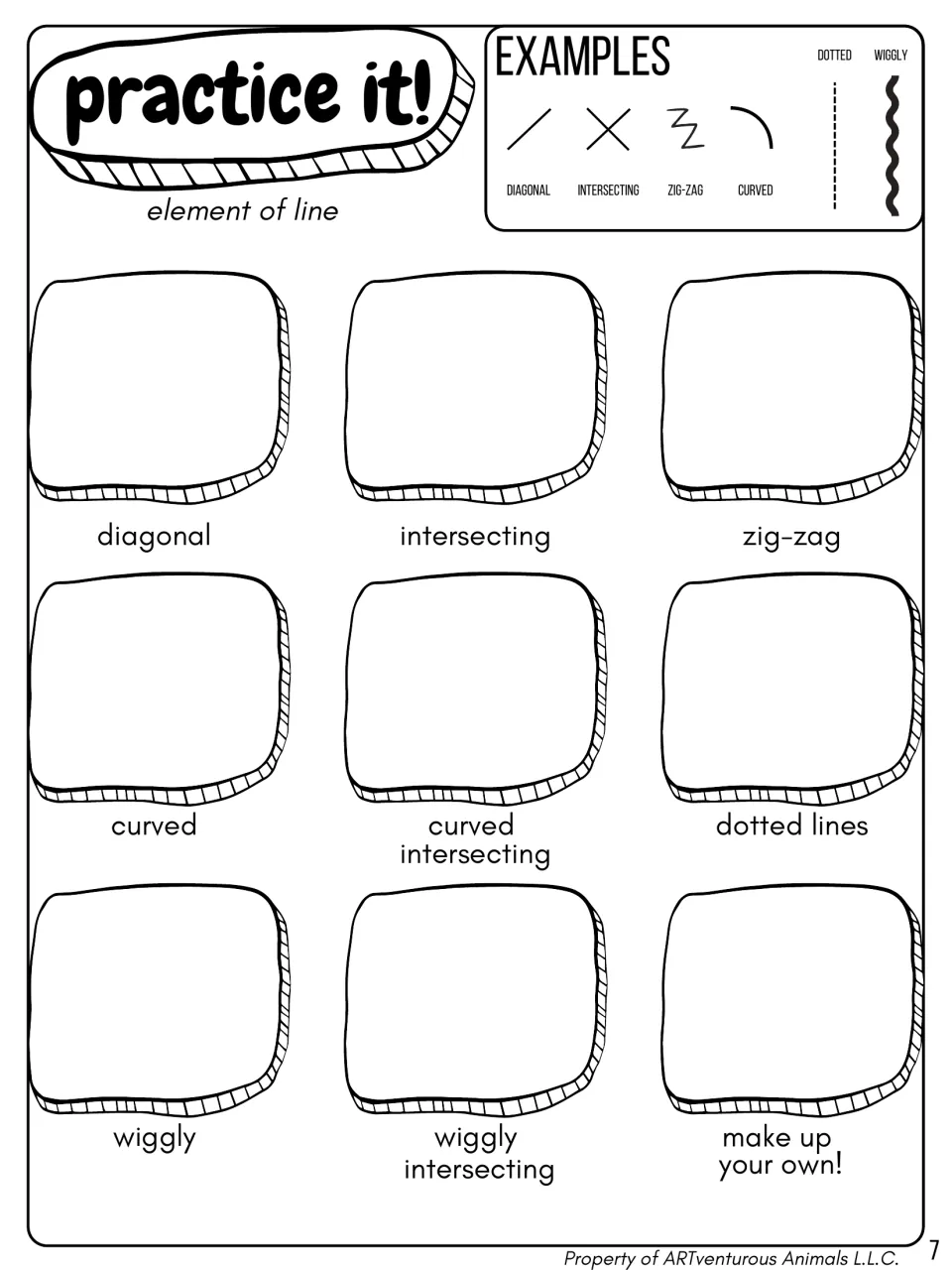 Practice it! element of line: students draw diagonal, intersecting, zig-zag, curved, dotted and wiggly lines plus their own