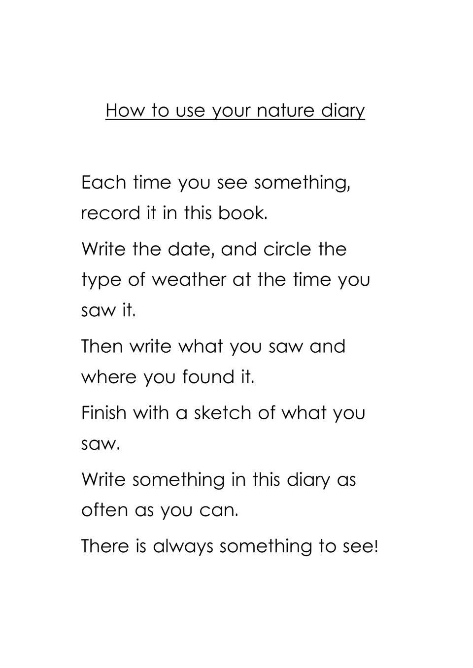 How to use your nature diary: steps to record the date, circle the weather, write what and where you saw it, then sketch