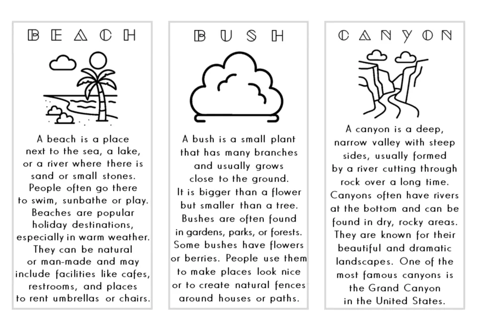 Nature vocabulary cards 1–3: beach, bush, and canyon, each with a definition and black-and-white illustration