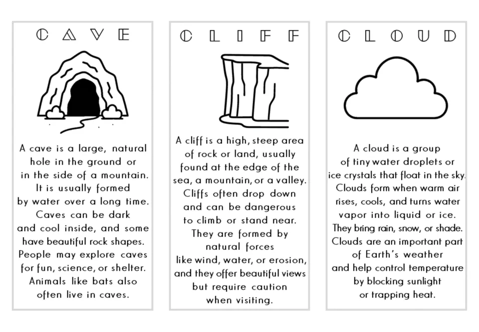 Nature vocabulary cards 4–6: cave, cliff, and cloud, each with a definition and black-and-white illustration