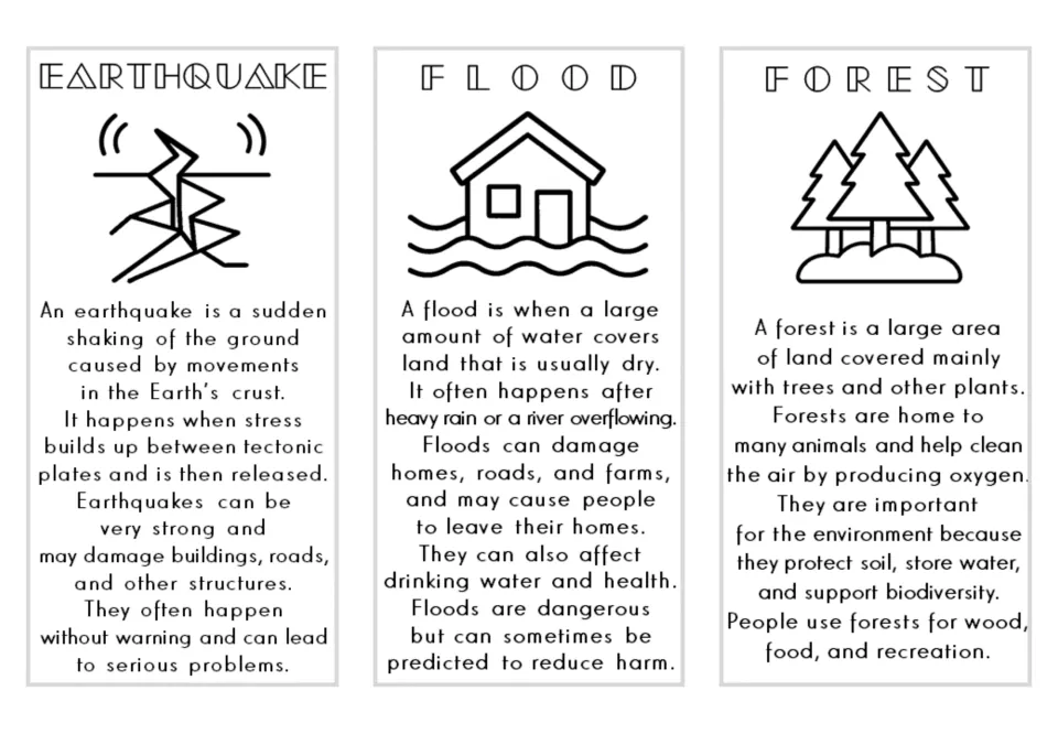 Nature vocabulary cards 7–9: earthquake, flood, and forest, with illustrated definitions of each term