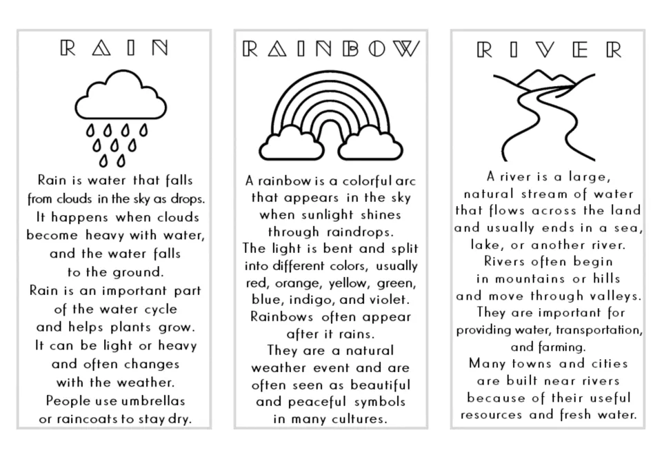 Nature vocabulary cards 16–18: rain, rainbow, and river, with definitions and black-and-white illustrations