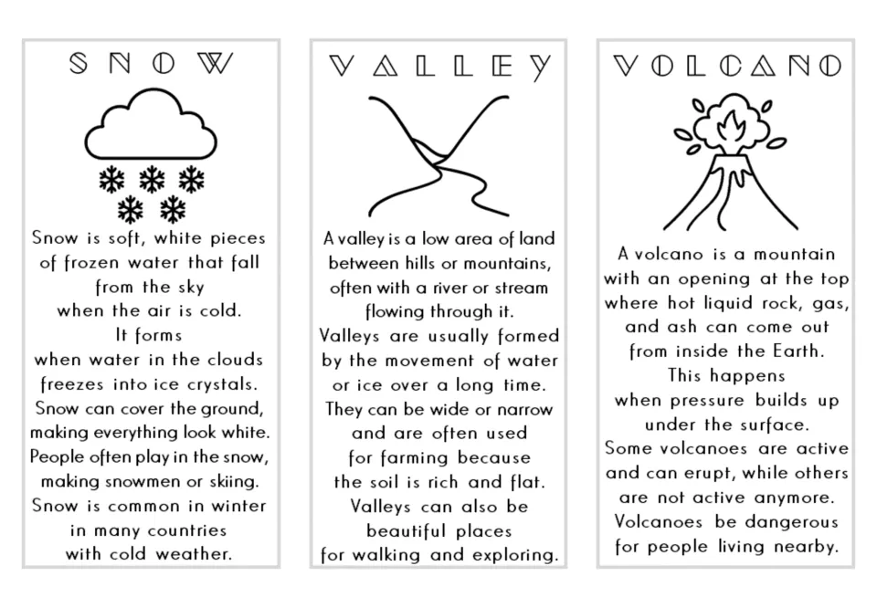 Nature vocabulary cards 19–21: snow, valley, and volcano, with illustrated definitions of each term