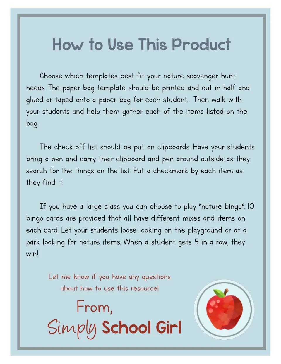 How to use: teacher notes for gluing bag sheets to lunch bags, using clipboard check-off lists and playing nature bingo