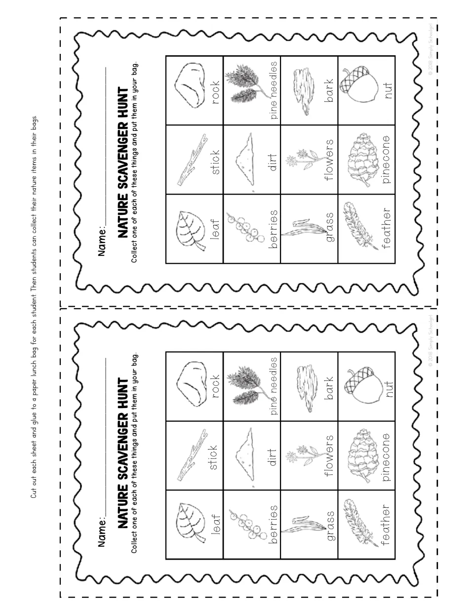 Paper bag hunt sheets: students collect one each of 12 items such as leaf, stick, rock, berries, feather and pinecone