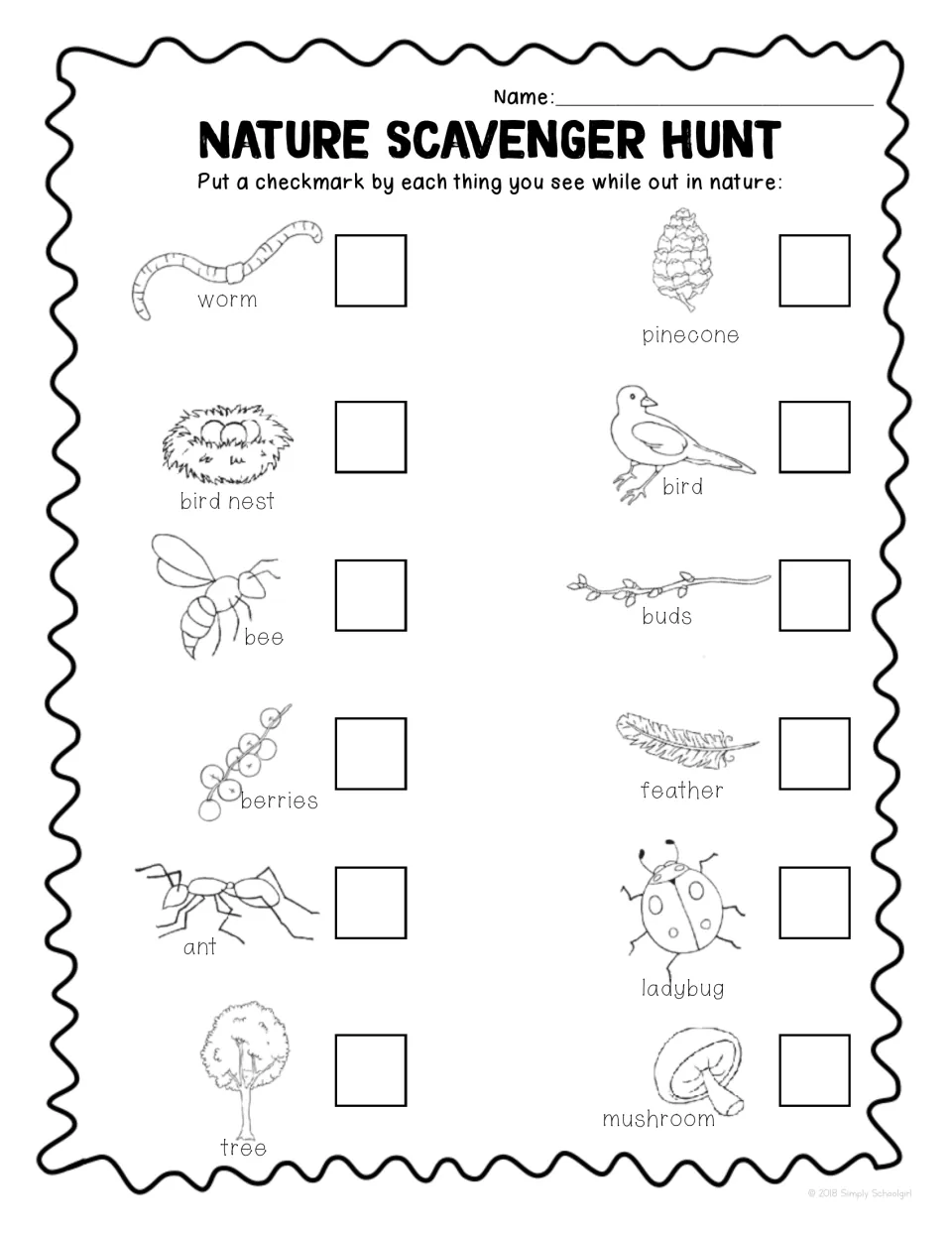 Picture checklist: students tick each item they spot outside, including worm, bird nest, bee, ant, ladybug and mushroom