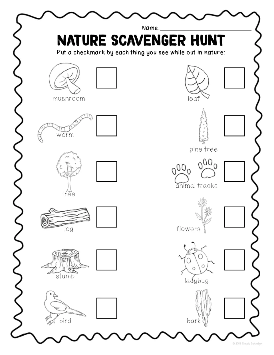 Check-off list of 12 nature finds with pictures, from mushroom and log to stump, pine tree, animal tracks and bark