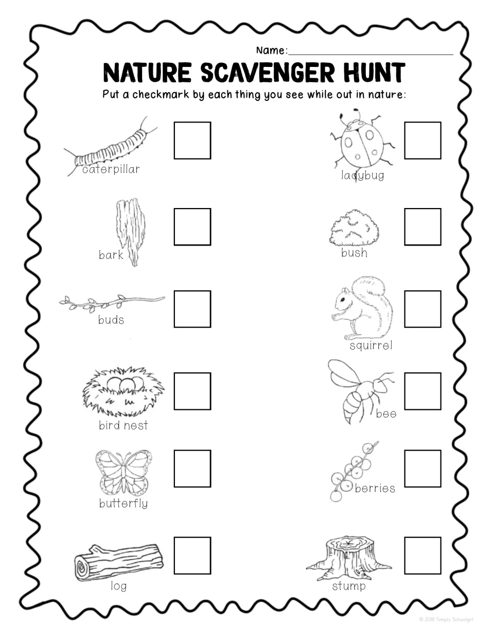 Outdoor spotting list: students check off caterpillar, butterfly, squirrel, bush, buds, bird nest, log and stump