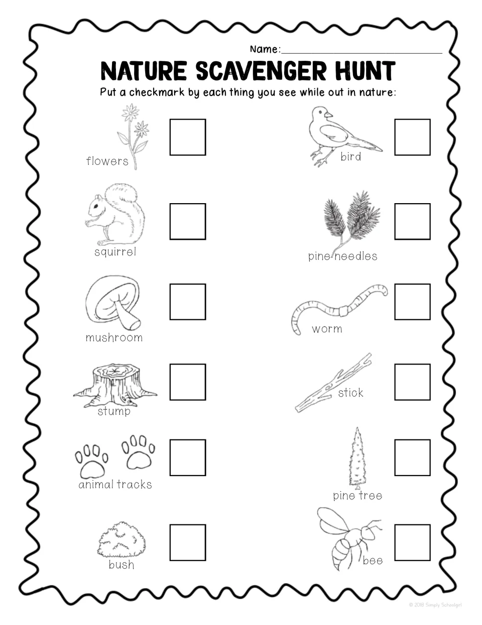 Picture check-off sheet: students mark flowers, squirrel, pine needles, stick, animal tracks, bush, bee and more