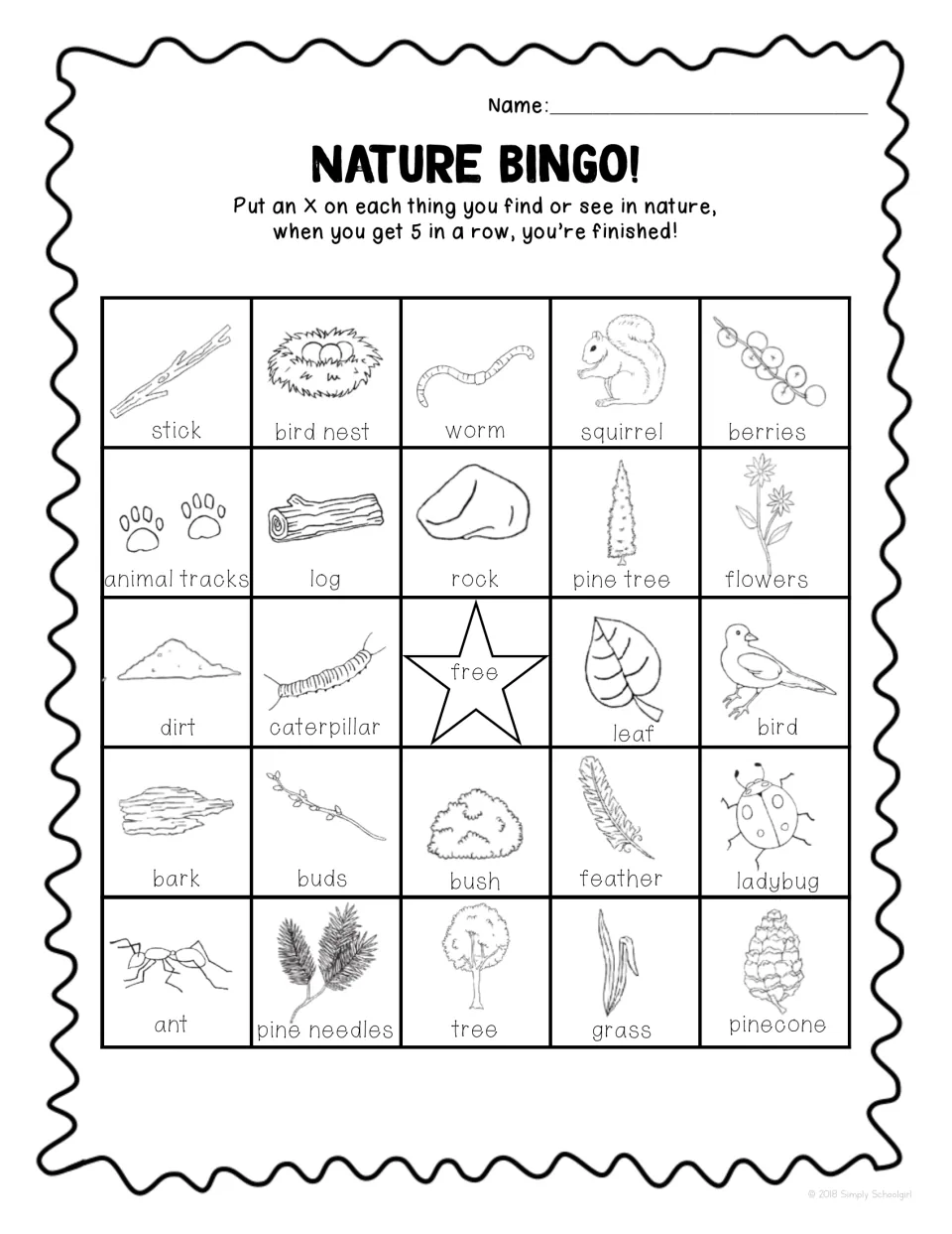 Nature bingo card: students X each item they find, such as stick, worm, rock and leaf, aiming for 5 in a row