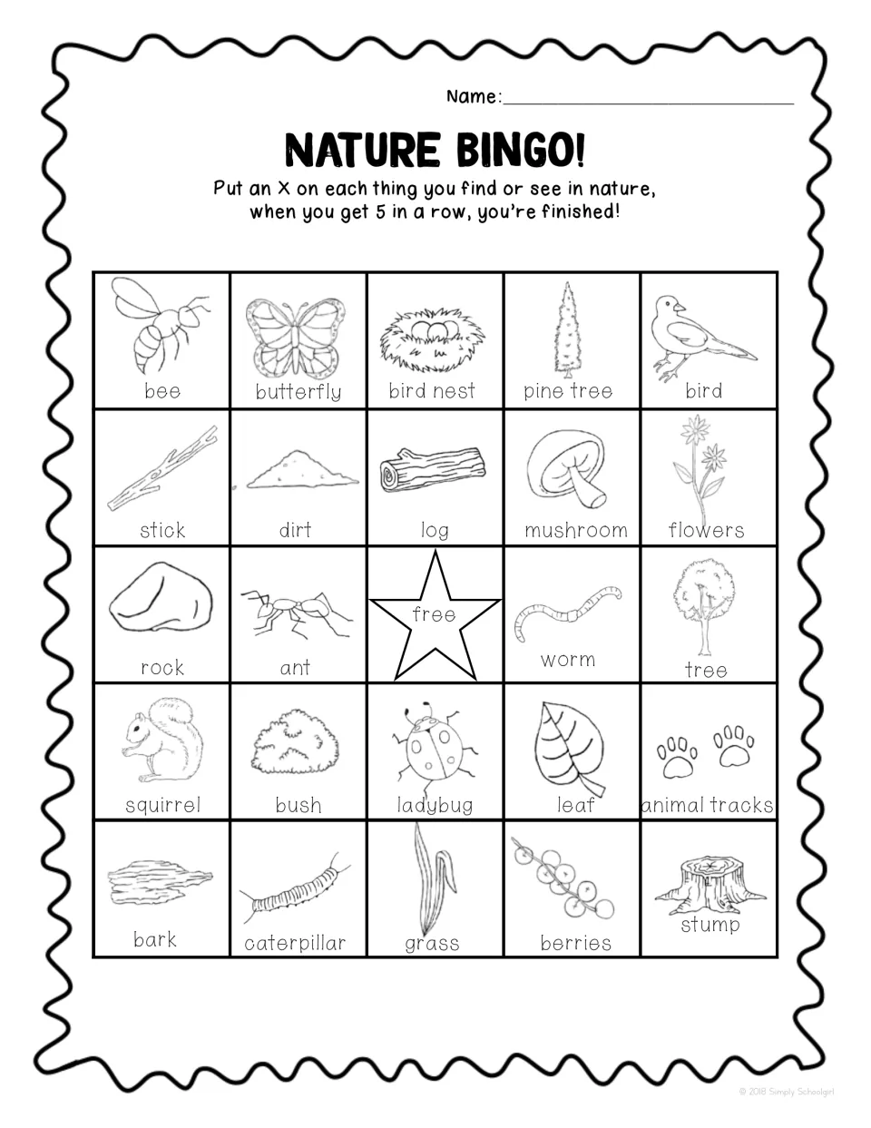 Bingo card with a free center star: students mark finds like bee, butterfly, mushroom and stump to get 5 in a row
