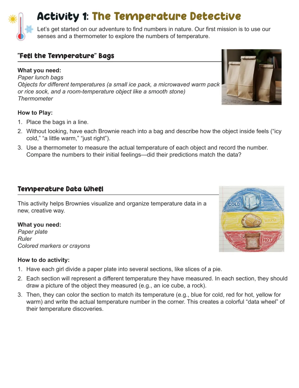 Activity 1, The Temperature Detective: instructions for feeling and measuring objects and making a data wheel