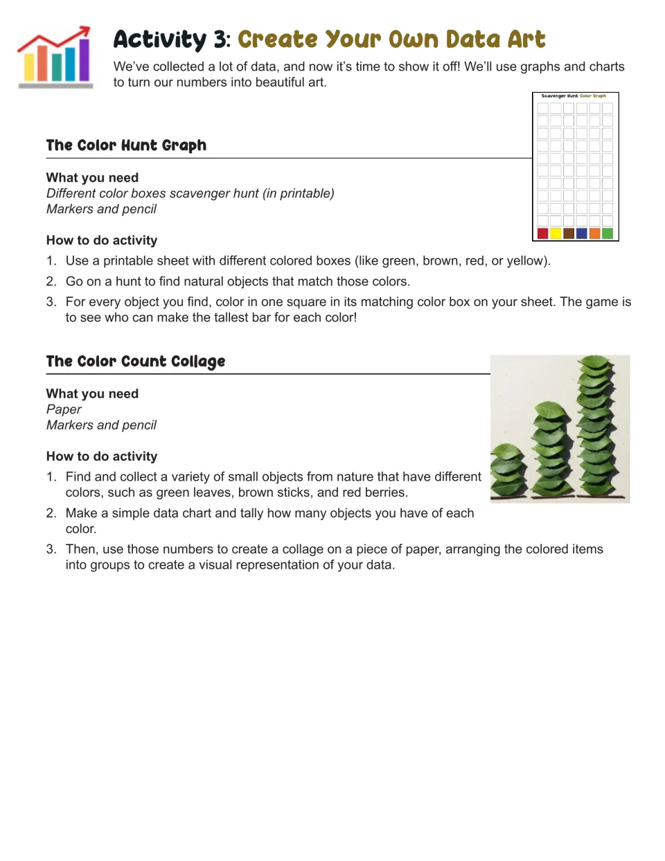 Activity 3, Create Your Own Data Art: directions for a Color Hunt Graph and a Color Count Collage using nature finds