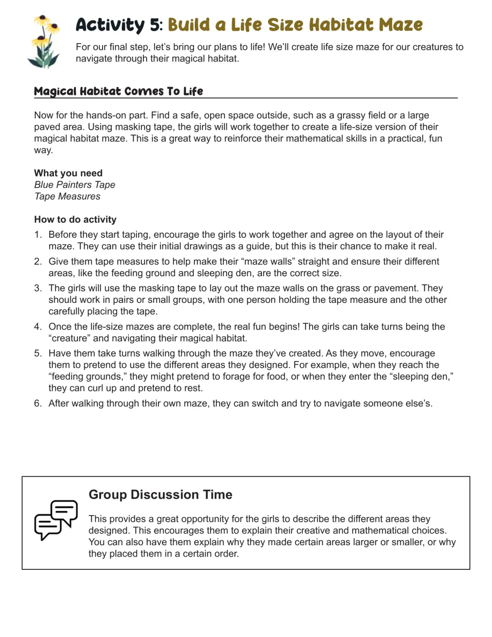 Activity 5, Build a Life Size Habitat Maze: use painter’s tape and tape measures, walk the maze, and discuss choices