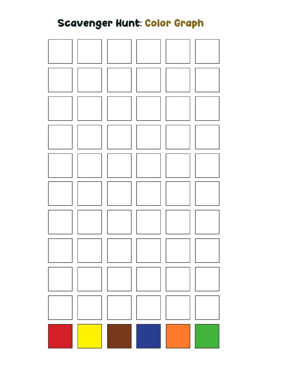 Scavenger Hunt: Color Graph recording sheet for counting nature finds in red, yellow, brown, blue, orange, and green