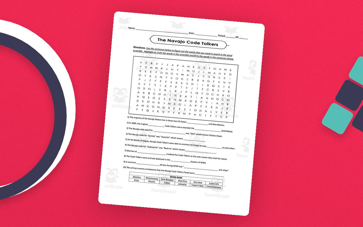 Navajo Code Talkers worksheet with a large word bank, fill-in questions, and teacher-answer table.