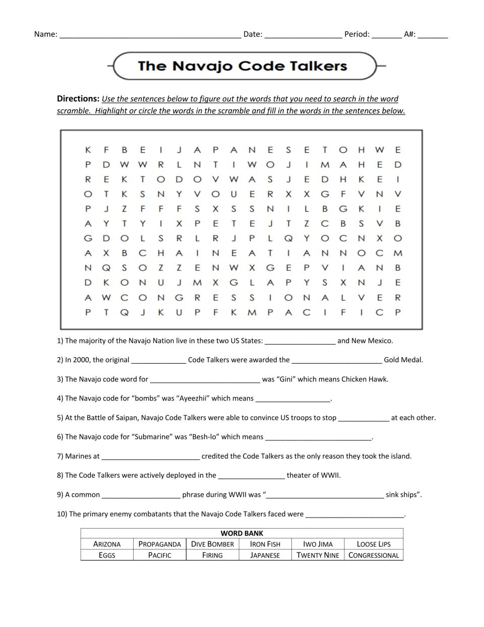 Navajo Code Talkers word search: students use 10 WWII clues and a word bank to find terms and fill in each sentence