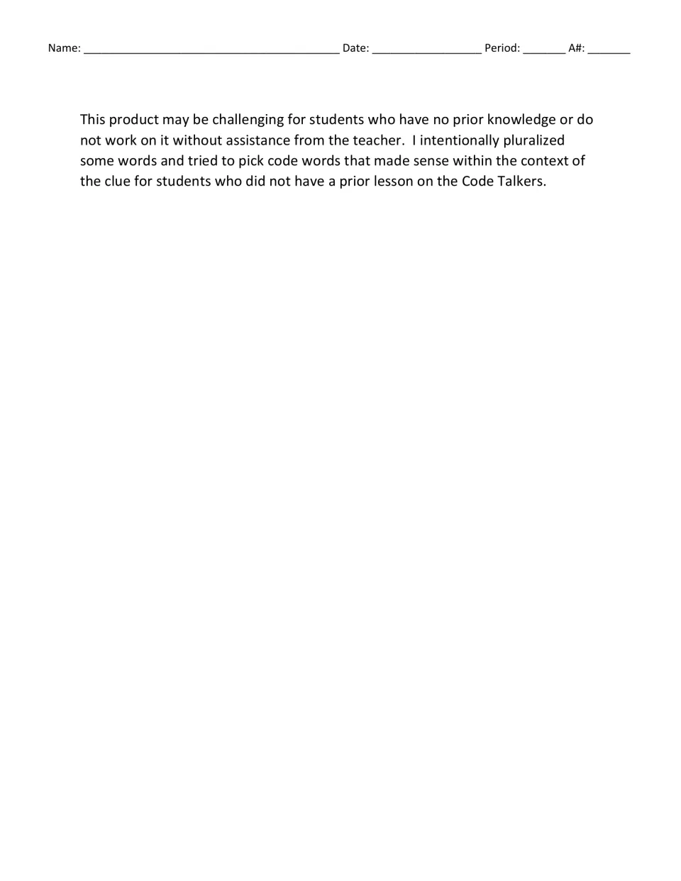 Teacher note on difficulty: students without prior Code Talkers lessons may need help; some answer words are pluralized