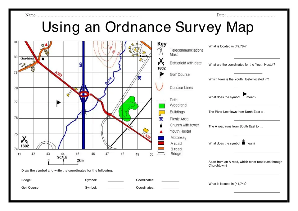 Ordnance Survey map reading: students use grid coordinates, the key and directions to answer questions about Churchtown