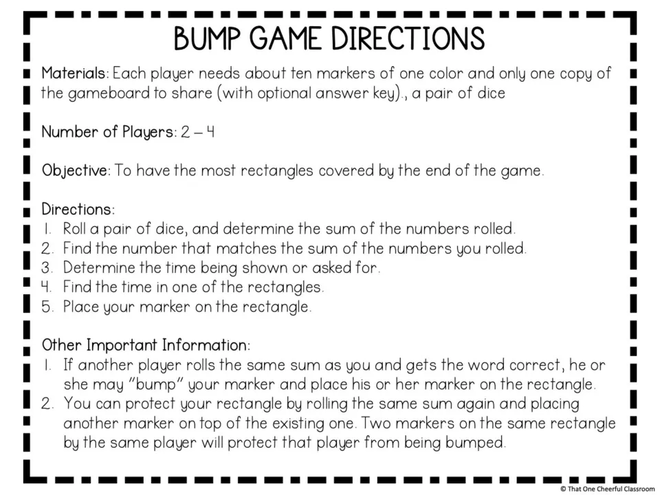 Bump game directions: 2 to 4 players roll two dice, find the matching clock, read the time and cover it with a marker