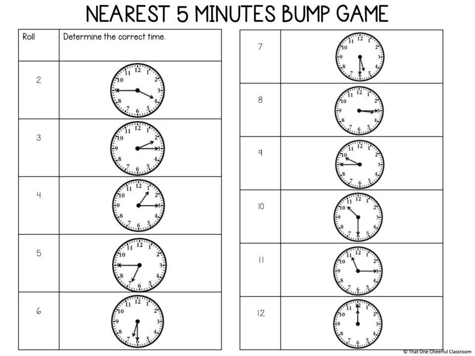 Telling time to the nearest 5 minutes: students roll dice and read the analog clock shown beside each sum from 2 to 12