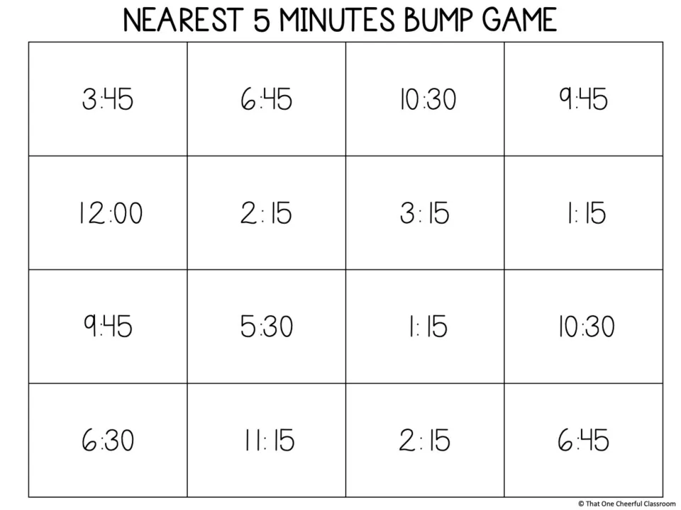 Gameboard of 16 digital times such as 3:45, 12:00 and 5:30 that players cover after reading the matching clock